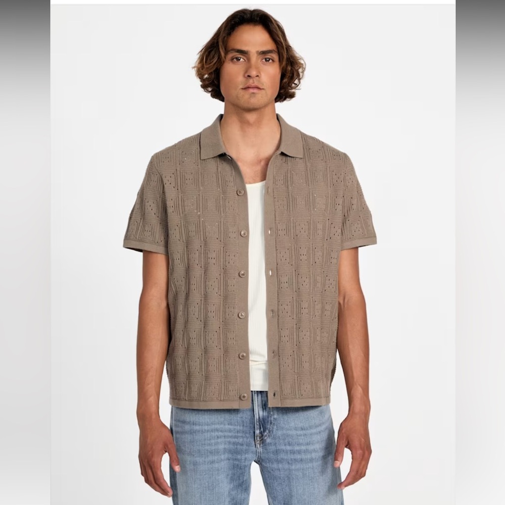 Guess Topanga Pointelle Brown Short Sleeve Button-Up Shirt